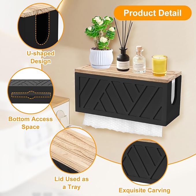 Qivine 2Pcs Paper Towel Dispenser Wall Mount, 2-in-1 Wooden Paper Towel Holder, Toilet Napkin Holder Dispenser with Lid Removable Top Tray for Bathroom Kitchen Decor Home and Commercial(2, Black)