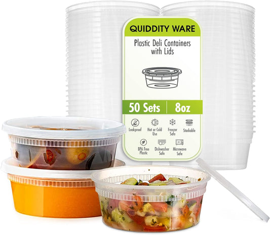 (8oz-Deli Containers with Leakproof Lids-50 Pack BPA-Free Plastic Microwaveable Clear Food Storage Container Premium Heavy-Duty Quality, Freezer & Dishwasher Safe