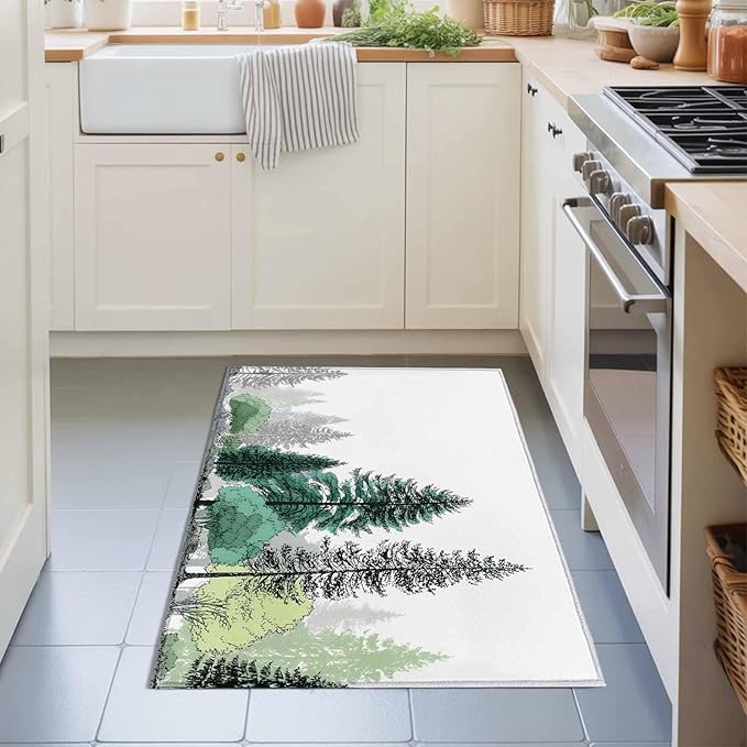 Area Rug 2x3ft, Minimalist Pine Tree Washable Rugs for Living Room Bedroom, Farmhouse Watercolor Plants Soft Non-Slip Area Rugs Rectangle Floor Carpet for Dining Room