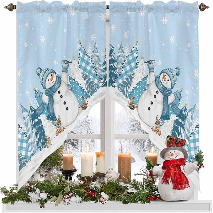 Christmas Snowman Swag Valance Curains Winter Xmas Tree Snowflakes Sky Blue Rod Pocket Kitchen Curtains Scalloped Window Treatment Valances Swag for Living Room Bedroom, 1 Pair, 36"W x 45"L