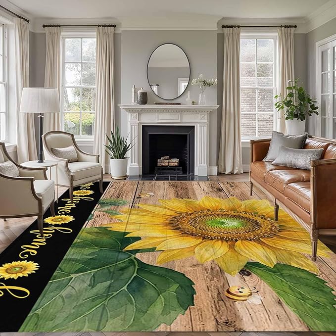 Area Rug 9x12ft, Summer Sunflowers Bees Washable Rugs for Living Room Bedroom Rectangle Floor Carpet, Farmhouse Wood Background Soft Non-Slip Area Rugs for Dining Room