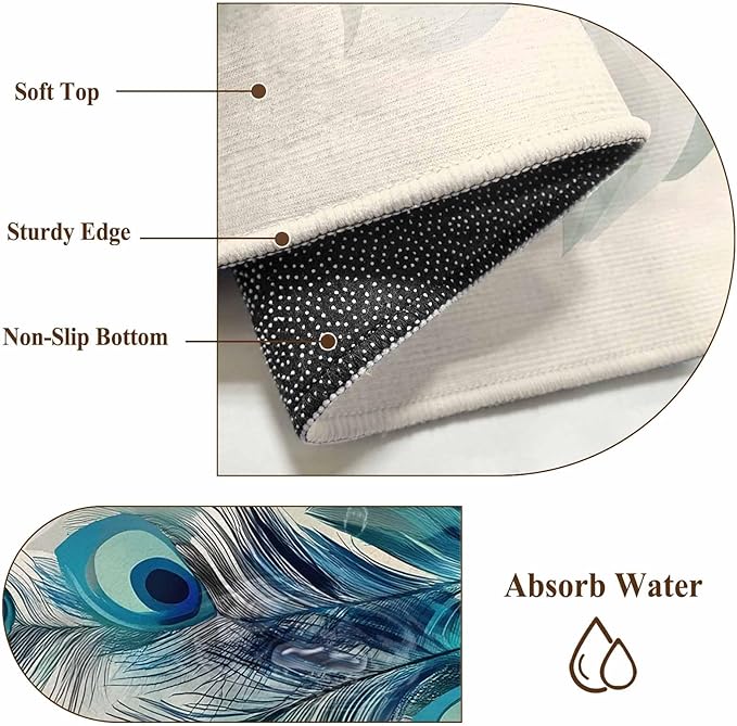 Area Rug 2x3ft, Abstract Animal Art Peacock Feather Washable Rugs for Living Room Bedroom, Watercolor Blue Eyes Beige Soft Non-Slip Area Rugs Rectangle Floor Carpet for Dining Room