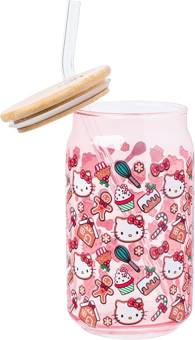Silver Buffalo Sanrio Hello Kitty Gingerbread Cookies Christmas Holiday Pink Glass Jar Tumbler with Bamboo Lid and Glass Straw, 16 Ounces