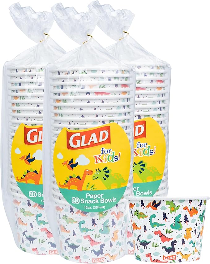 Glad for Kids Dinosaurs Paper Snack Bowls, Colorful Heavy Duty Microwave Safe Disposable Bowls for Soup, Ice Cream, and Snacks, Lids Not Included, Multicolor, Party Pack, 12 Oz, 20 Count - 3 Pack