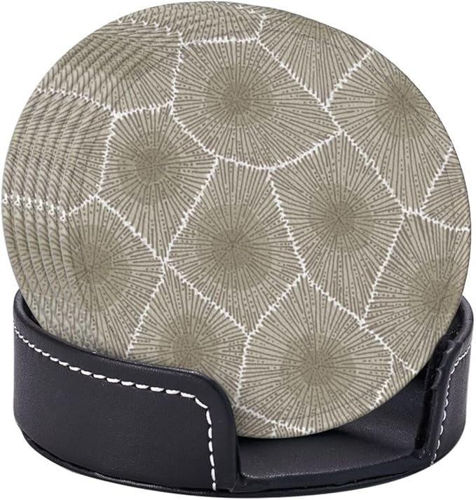 Petoskey Stone Leather Drinks Coasters with Holder, Set of 6, Suitable for Various Cups