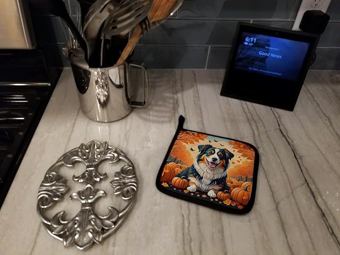 Caroline's Treasures DAC1009PTHD Australian Shepherd Terrier Fall Pair of Pot Holders Kitchen Heat Resistant Pot Holders Sets Oven Hot Pads for Cooking Baking BBQ, 7 1/2 x 7 1/2