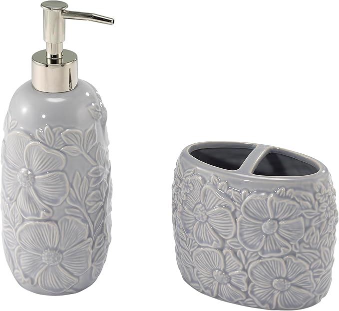 Nicole Miller – Bathroom Accessory Set, Toothbrush Holder and Lotion Dispenser, Floral Ceramic with Hand-Painted Accents, Elegant Home Decor – Perfect for Organizing Bathroom Essentials (Camille)