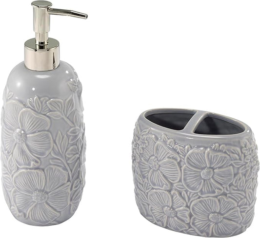 Nicole Miller – Bathroom Accessory Set, Toothbrush Holder and Lotion Dispenser, Floral Ceramic with Hand-Painted Accents, Elegant Home Decor – Perfect for Organizing Bathroom Essentials (Camille)