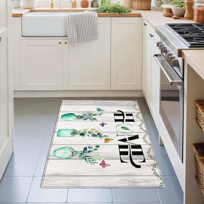 Area Rug 2x3ft, Summer Eucalyptus Leaf Colorful Butterfly Washable Rugs for Living Room Bedroom, Home Text Wood Plank Soft Non-Slip Area Rugs Rectangle Floor Carpet for Dining Room