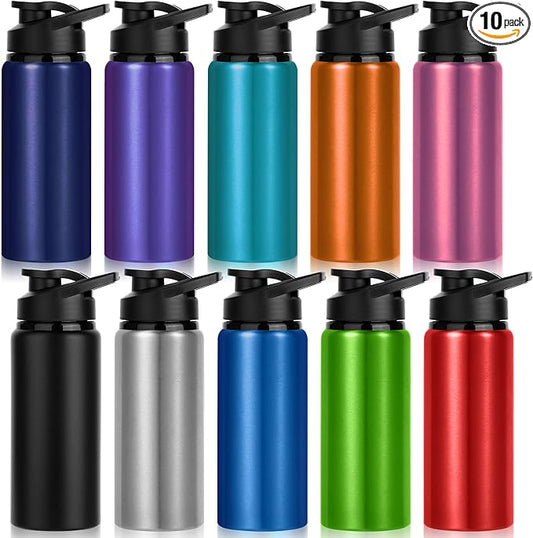 10 Pack Water Bottles Bulk, 20oz Sports Aluminum Water Bottle with Snap Lids Metal Reusable Leak proof Personalized Bottle for Travel Camping Gym Hiking Fishing (10 Colors)