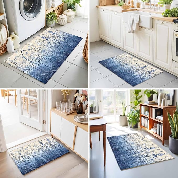 Area Rug 2x3ft, Vintage Boho Blue Wildflowers Meadow Washable Rugs for Living Room Bedroom, Abstract Flower Soft Non-Slip Area Rugs Rectangle Floor Carpet for Dining Room
