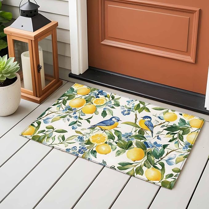 Area Rug 2x3ft, Pastoral Vintage Lemon Blue Bird Washable Rugs for Living Room Bedroom, Retro Yellow Fruit Flowers Soft Non-Slip Area Rugs Rectangle Floor Carpet for Dining Room
