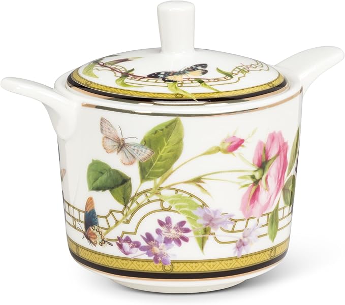 Abbott Collection Butterfly Garden Sugar Pot - Bone China, White/Green (4"H)