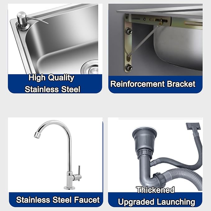 Commercial Sink Hand Washing Basin, Utility Sink Single Bowl Stainless Steel Kitchen Sink, with Drainer Unit and Tap, for Restaurant, Bar, Cafe, Salon & Spa, Home,42x36cm
