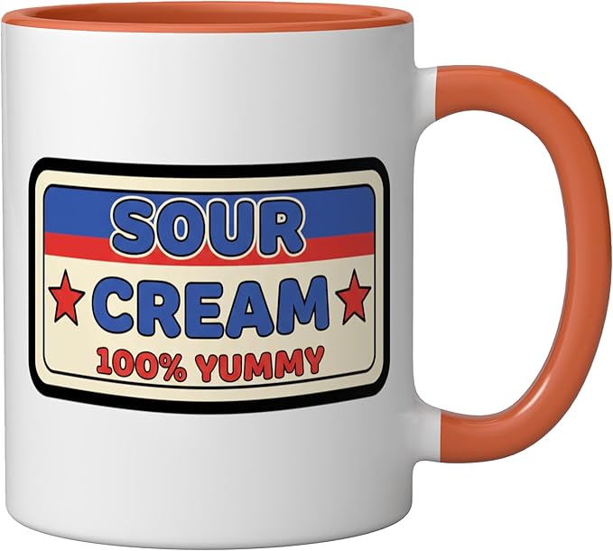 Sour Cream 100% Yummy Retro Food Label Vintage Snack Ceramic Mug, Orange/White