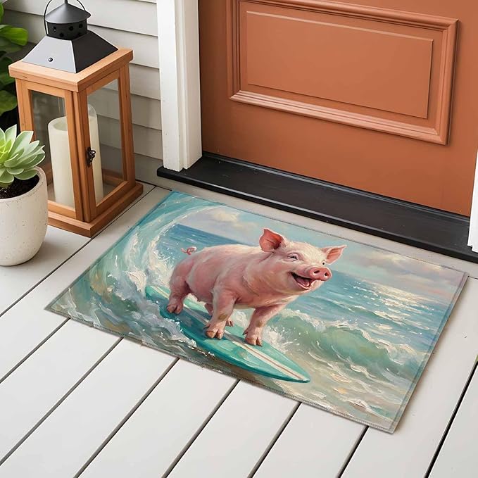 Area Rug 2x3ft, Surfing Farm Pink Pig Washable Rugs for Living Room Bedroom, Summer Blue Sea Wave Beach Soft Non-Slip Area Rugs Rectangle Floor Carpet for Dining Room