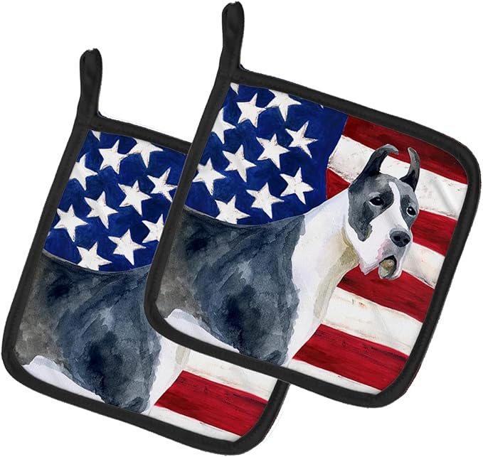 Caroline's Treasures BB9643PTHD Harlequin Great Dane Patriotic Pair of Pot Holders Kitchen Heat Resistant Pot Holders Sets Oven Hot Pads for Cooking Baking BBQ, 7 1/2 x 7 1/2