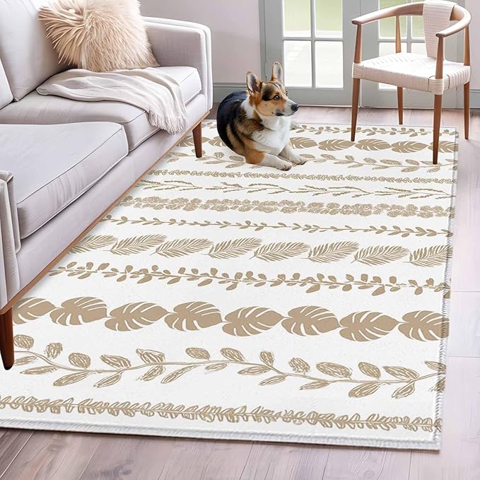 Area Rug 4x6ft, Farmhouse Monstera Leaf Seamless Washable Rugs for Living Room Bedroom, Summer Rustic Abstract Leaves Soft Non-Slip Area Rugs Rectangle Floor Carpet for Dining Room