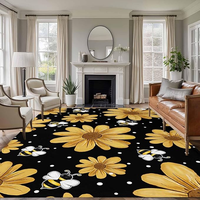 Area Rug 8x10ft, Summer Daisy Flower Bee on Black Washable Rugs for Living Room Bedroom, Spring Watercolor Floral Soft Non-Slip Area Rugs Rectangle Floor Carpet for Dining Room