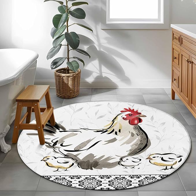 Washable Round Area Rug Country Farmhouse Rooster Circle Rugs Floor Carpet for Living Room Bedroom, Watercolor Animal Flower Pattern Soft Non Slip Round Rug 4ft