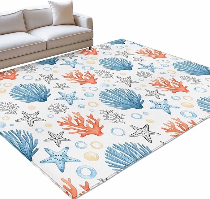 Area Rug 8x10ft, Coastal Starfish Shell Coral Washable Rugs for Living Room Bedroom, Ocean Bubble Blue Black Orange Soft Non-Slip Area Rugs Rectangle Floor Carpet for Dining Room