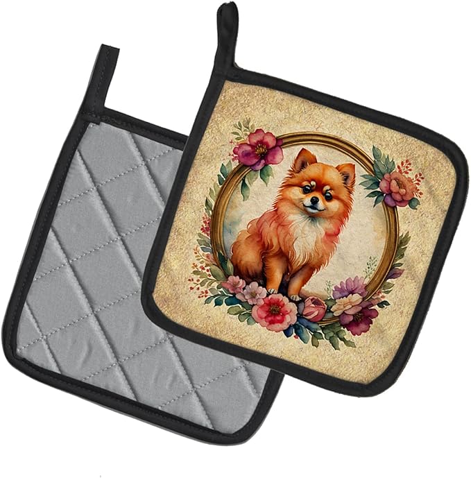 Caroline's Treasures Pomeranian and Flowers Pair of Pot Holders Kitchen Heat Resistant Pot Holders Sets Oven Hot Pads for Cooking Baking BBQ, 7 1/2 x 7 1/2