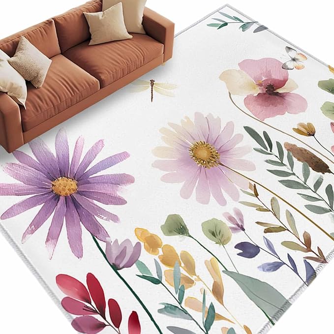 Area Rug 6x9ft, Country Field Purple Flowers Washable Rugs for Living Room Bedroom, Farm Floral Art Soft Non-Slip Area Rugs Rectangle Floor Carpet for Dining Room