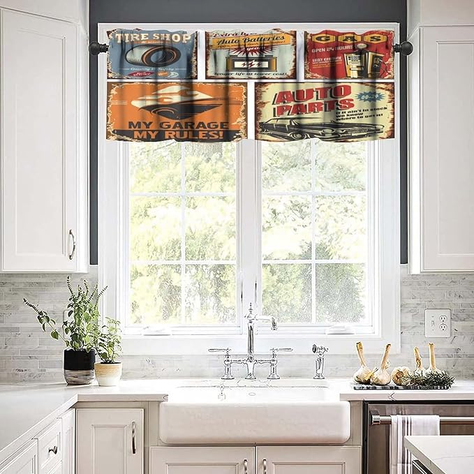 1950s Valance Curtain Vintage Car Metal Signs Automobile Advertising Repair Vehicle Garage Servicing Windows Curtain Valance for Kitchen Bedroom Bathroom Decor with Rod Pocket, 1 Panel 54X18 Inches