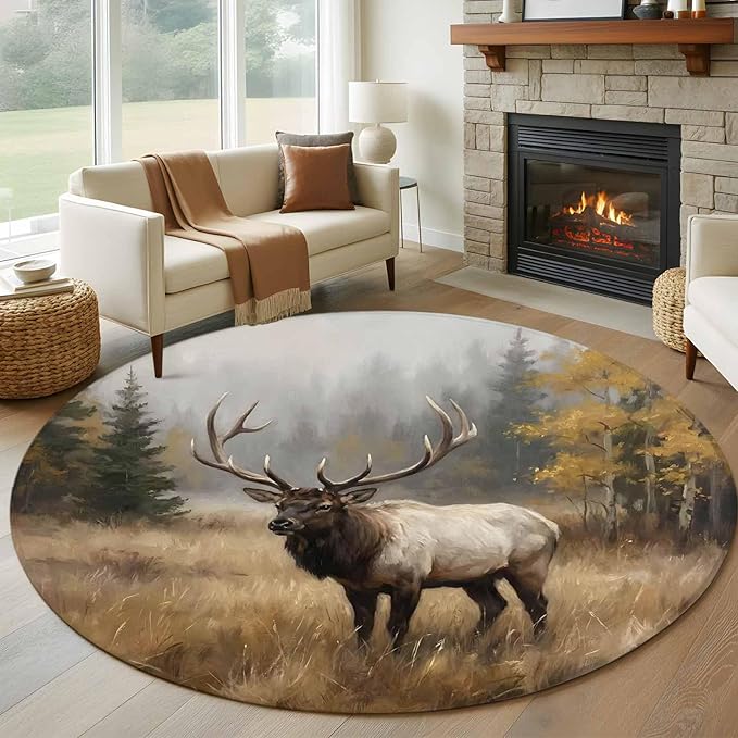 Washable Round Area Rug Brown Animals Elk Circle Rugs Floor Carpet for Living Room Bedroom, Retro Forest Landscape Soft Non Slip Round Rug 5ft