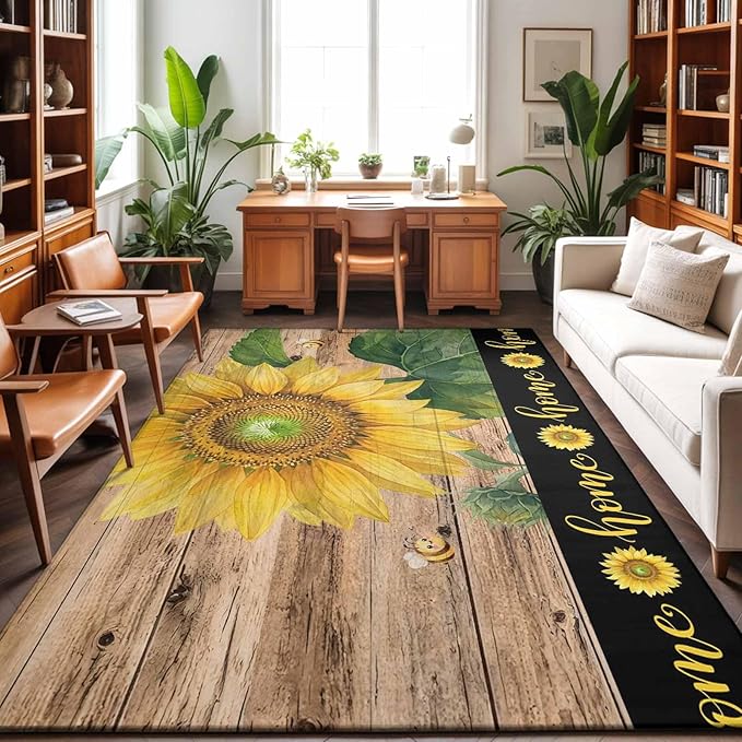 Area Rug 9x12ft, Summer Sunflowers Bees Washable Rugs for Living Room Bedroom Rectangle Floor Carpet, Farmhouse Wood Background Soft Non-Slip Area Rugs for Dining Room