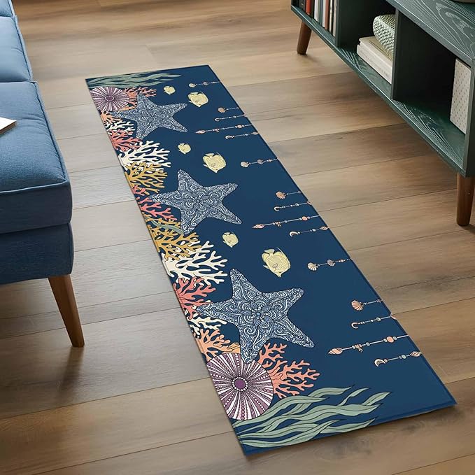 Runner Rug for Bedroom Hallway, Ocean Starfish Coral Fish Kitchen Runner Rugs Area Rug 2x6ft, Underwater Creature on Navy Blue Washable Soft Floor Carpet for Entryway Stair