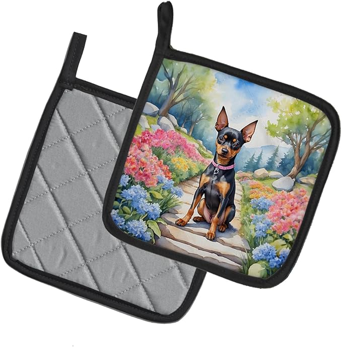 Caroline's Treasures Miniature Pinscher Spring Path Pair of Pot Holders Kitchen Heat Resistant Pot Holders Sets Oven Hot Pads for Cooking Baking BBQ, 7 1/2 x 7 1/2