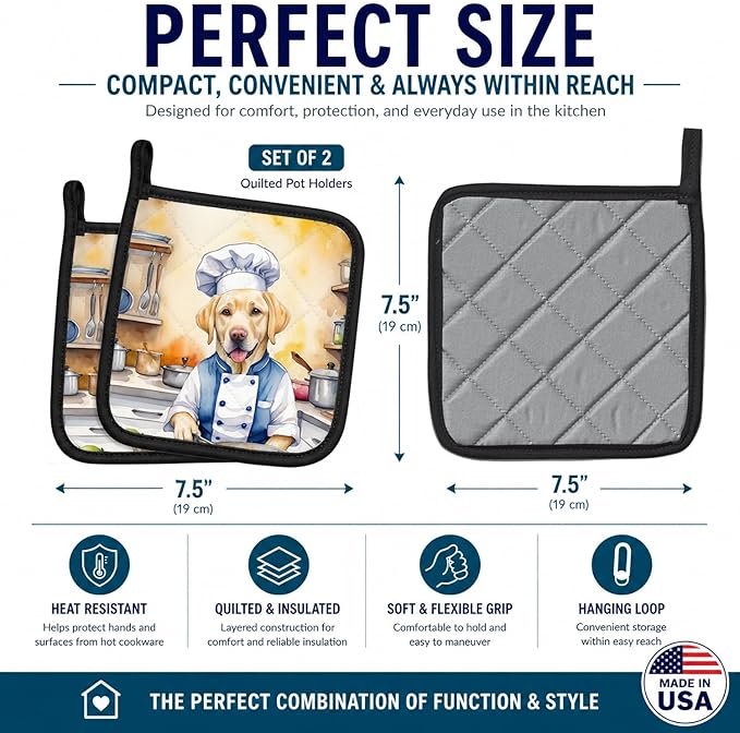 Caroline's Treasures Yellow Labrador Retriever The Chef Pair of Pot Holders Kitchen Heat Resistant Pot Holders Sets Oven Hot Pads for Cooking Baking BBQ, 7 1/2 x 7 1/2
