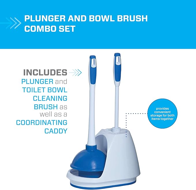 Mr. Clean Toilet Plunger and Bowl Brush Combo with Caddy, 3-Piece Heavy-Duty Plunger, Toilet Brush, and Caddy Set, White/Blue (Pack of 4)