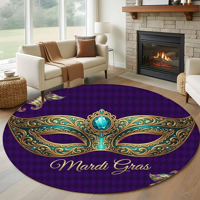Washable Round Area Rug Mardi Gras Mask Purple Plaid Circle Rugs Floor Carpet for Living Room Bedroom, Abstract Blossom Floral Soft Non Slip Round Rug 5ft
