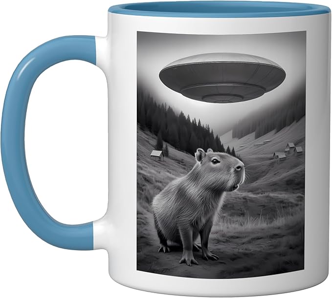 Vintage Capybara UFO Abduction Surreal Ironic Meme Ceramic Mug, Blue/White