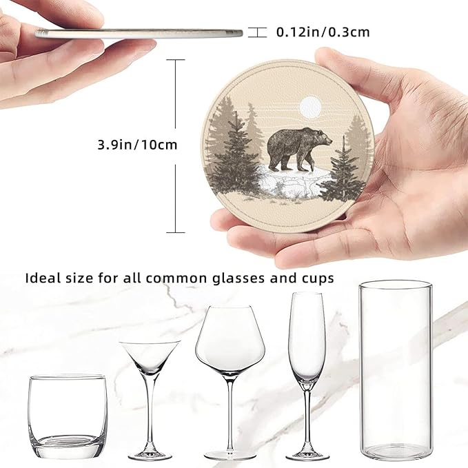 Famame 6 Pcs Vintage Bear in Stone Leather Coasters for Drinks with Holder Coaster Sets Drink Table Cup Coasters for Living Room Kitchen Coffee Decor