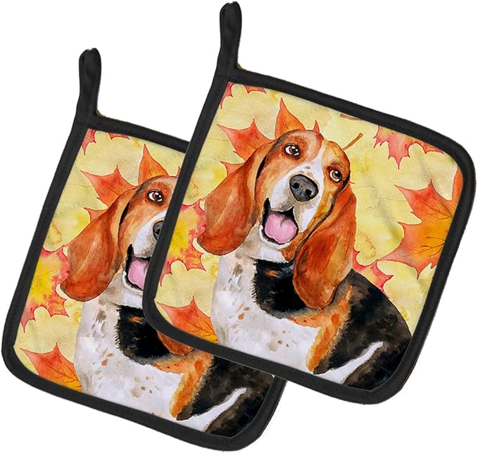 Caroline's Treasures BB9965PTHD Basset Hound Fall Pair of Pot Holders, Yellow Kitchen Heat Resistant Pot Holders Sets Oven Hot Pads for Cooking Baking BBQ, 7 1/2 x 7 1/2