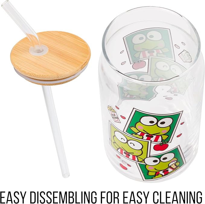 Silver Buffalo Sanrio Hello Kitty and Friends Keroppi Polaroids Glass Jar Tumbler with Bamboo Lid and Glass Straw, 16 Ounces (Pack of 12)