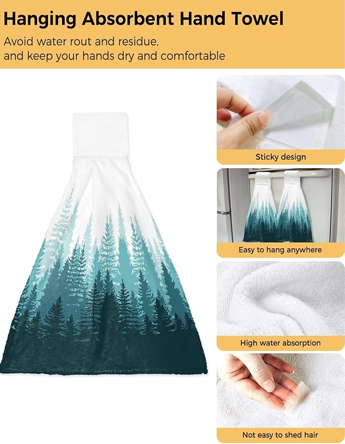Alandar Home Kitchen Tie Towel Set of 1, Tree Forest Shadow Botanical Plants Absorbent Soft Hand Towels for Bathroom Hanging Towels, Teal Gradient on White Fast Drying Cleaning Cloth with Loop