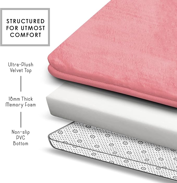 Clara Clark 2 Piece Bathroom Rugs Bath Mat Set, Velvet Memory Foam Bath Mats for Bathroom - Non-Slip, PVC Backing Bath Rugs, Washable - Dries Quickly, Pink
