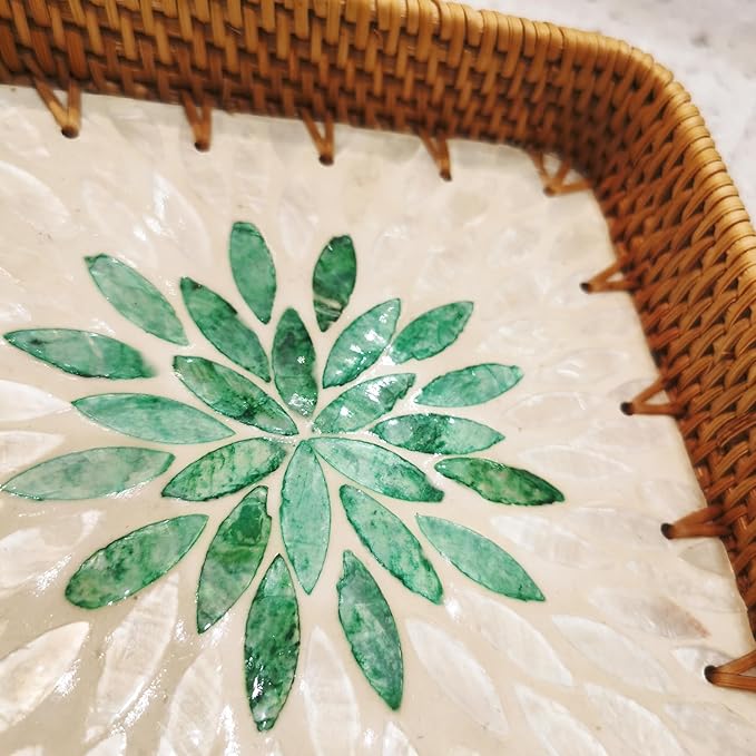 i-lan Set of 3 15" Rectangular Rattan and Mother of Pearl Serving Tray, Green Leaf Pattern Decorative,Boho Rectangule Natural Rattan Woven Trays for Entryway Kitchen Bathroom Counter