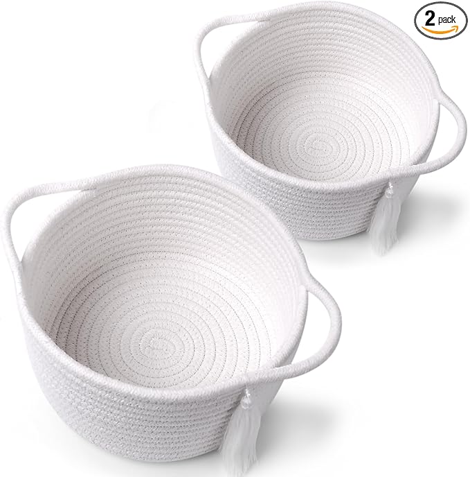 Gift Basket Empty Small - SweetMemo Cute Woven Rope Organizer Baskets for Baby Shower, Vanity, Makeup, Bathroom, Desk, Decor, Gifting - Small Decorative Storage Bins - Set of 2, Pre-Shaped, White