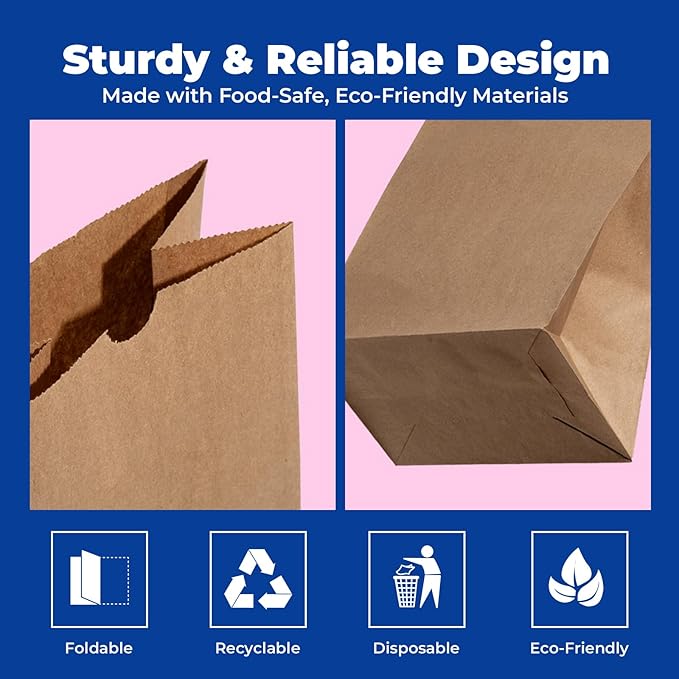 Fit Meal Prep 200 Pack 16 lb Brown Paper Lunch Bags, 16.3 x 7.8 x 4.5" Premium Kraft Paper Bags Bulk for Small Business, Recyclable Snack Sacks, Durable Grocery Bag for Food Storage
