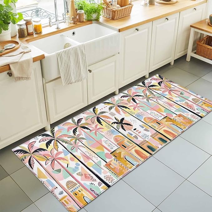 Runner Rug for Bedroom Hallway, Boho Summer Artistic Palm Trees Kitchen Runner Rugs Area Rug 2x6ft, Abstract Buildings Washable Soft Floor Carpet for Entryway Stair