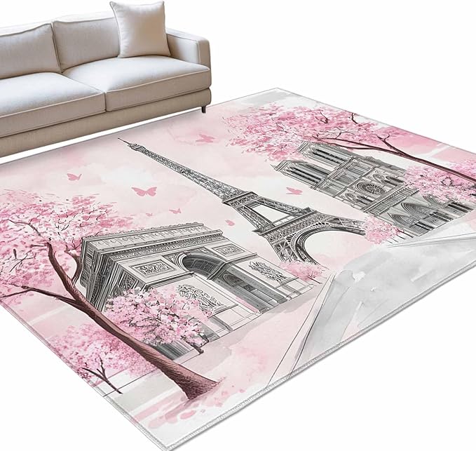 Area Rug 4x6ft, Modern Pink Flower Paris Landmarks Washable Rugs for Living Room Bedroom, Towel Architecture Soft Non-Slip Area Rugs Rectangle Floor Carpet for Dining Room