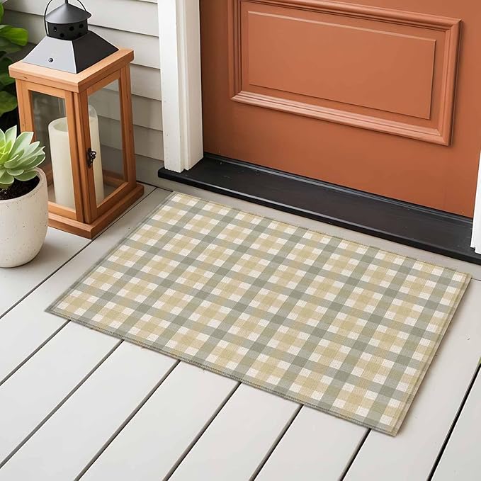 Area Rug 2x3ft, Farmhouse Vintage Beige Tan Buffalo Plaid Washable Rugs for Living Room Bedroom, Rustic Linen Soft Non-Slip Area Rugs Rectangle Floor Carpet for Dining Room