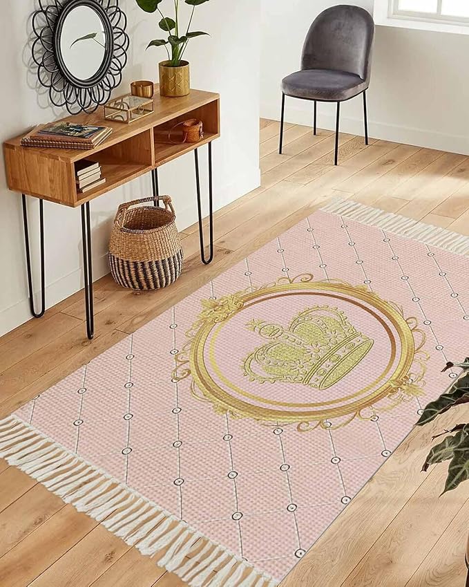 Kitchen Runner Rugs, Golden Crown Queen Pink Lattice 3'x5' Throw Rug with Tassels, White Dot Washable Soft Floor Carpet Runner for Hallway Bedroom Bathroom Laundry Room