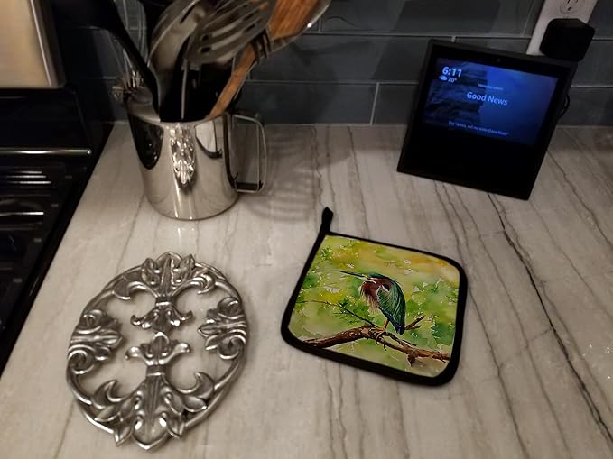 Caroline's Treasures Green Heron Pair of Pot Holders Kitchen Heat Resistant Pot Holders Sets Oven Hot Pads for Cooking Baking BBQ, 7 1/2 x 7 1/2