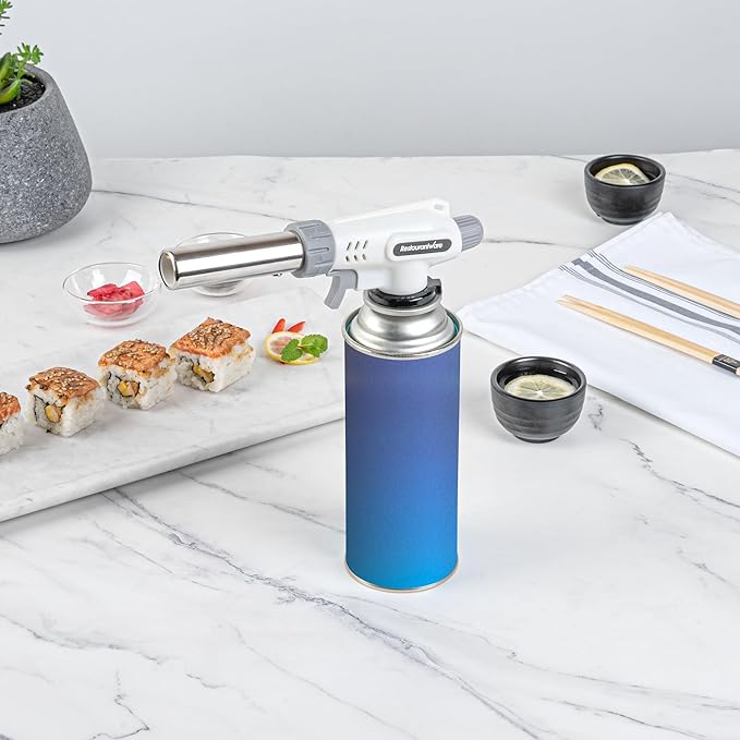 Restaurantware-RW Pyro Creme Brulee Torch With Adjustable Flame, 1 Refillable Culinary Blow Torch - Butane Gas Tank Not Included, No Flaring, White, For Baking, Cooking, BBQ, And More